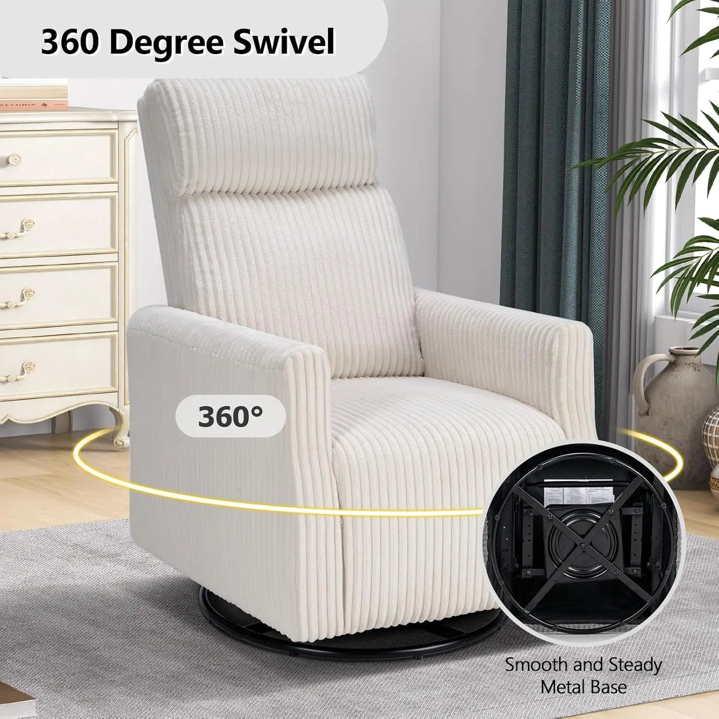 High-Back Swivel Rocker Nursery Chair with Arms Corduroy Glider Living Room Bedroom Beige, Customized