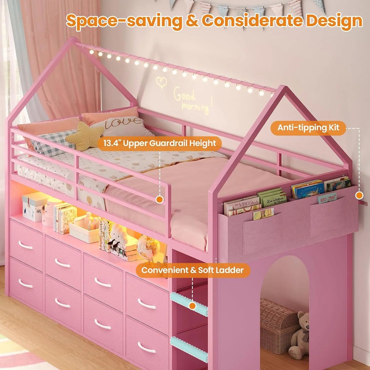 Twin Size Loft Bed for Kids, 8 Storage Drawers & LED Lights, House Shaped Metal Bed with Bookcase, Soft Foam Ladder, 13.4