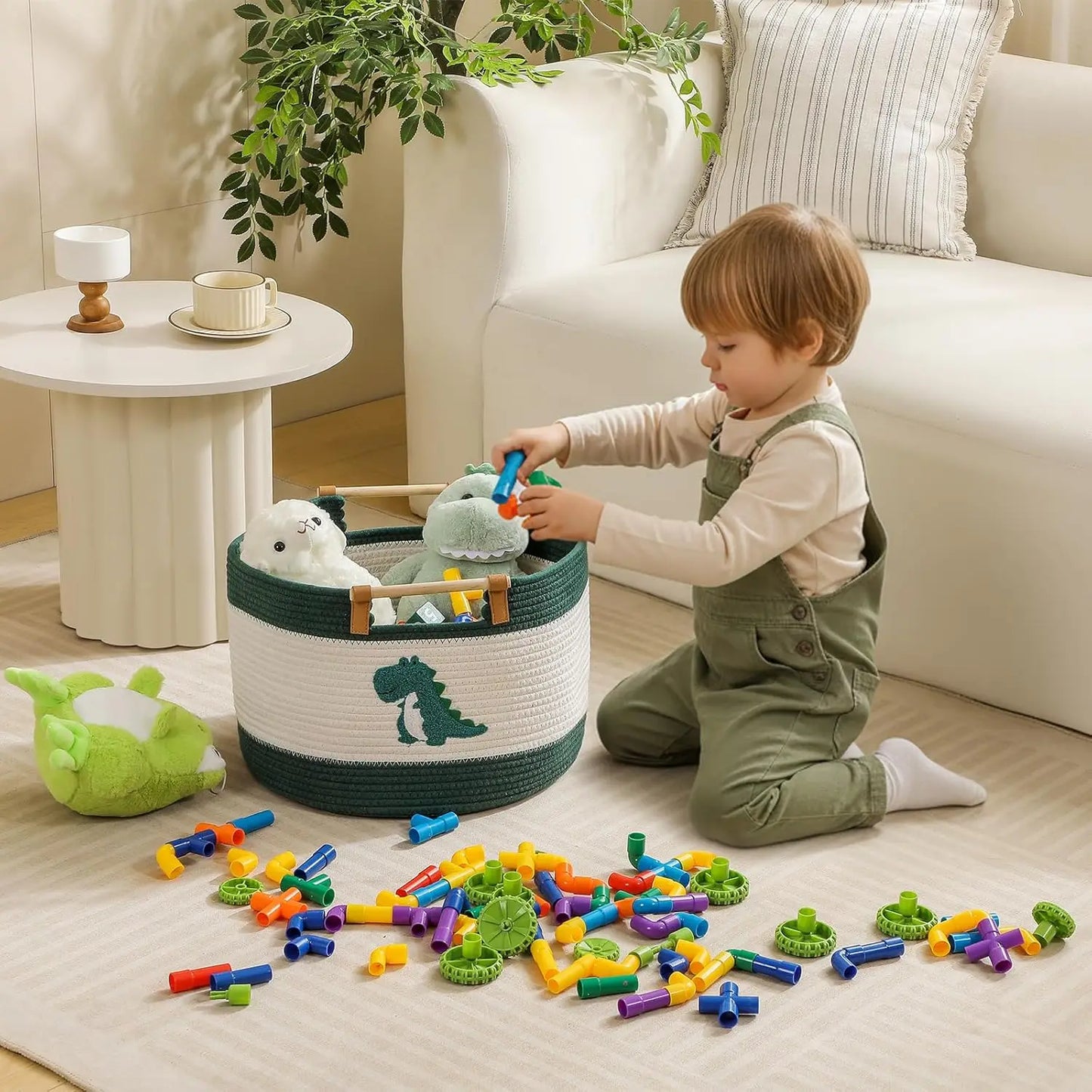 Large Blanket Basket 35L Cotton Rope Basket with Wooden Handles Woven Baskets for Kids Stuffed Animal Toys Storage for N