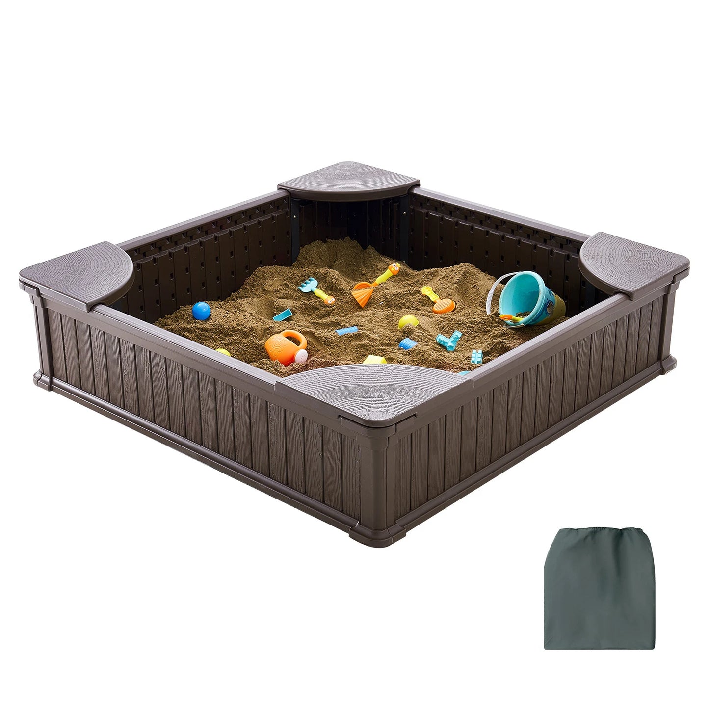 SucceBuy Sandbox with Cover in Square Sand Box Sand Pit with 4 Corner Seating and Bottom Liner Kids Sandbox for Outdoor for Kids