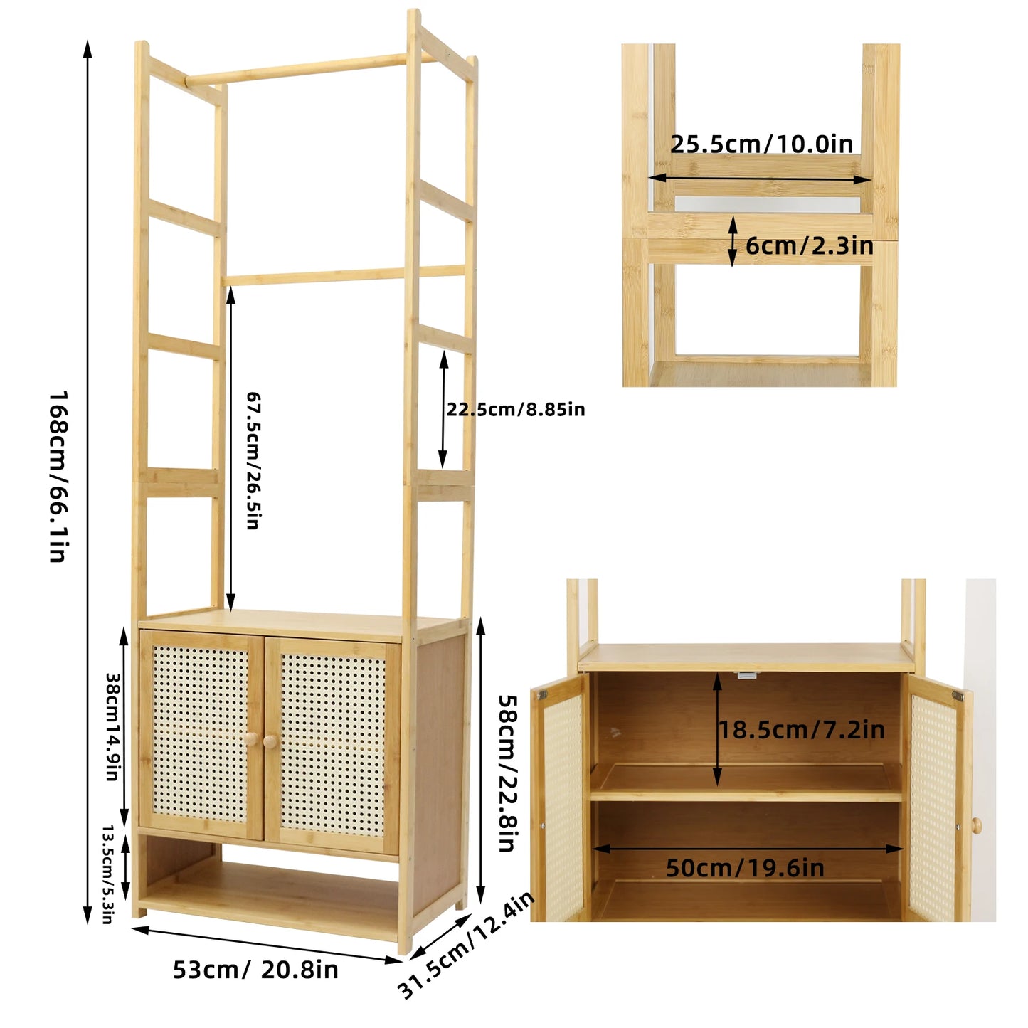 Clothes Stand with Cabinet Free-standing Bamboo Open Garment Rack with Storage Shelves Hanging Clothes Rack for Living Room