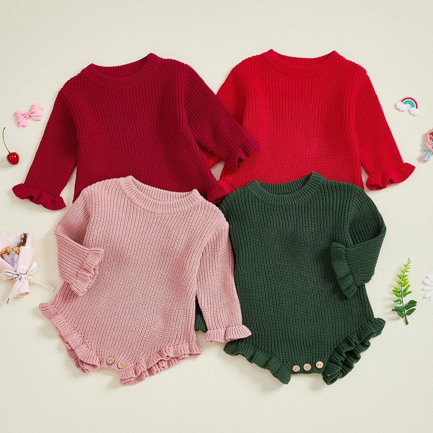 Suefunskry Newborn Baby Fall Winter Knitted Sweater Romper Solid Color Long Sleeve Round Neck Ruffled Sweater Jumpsuit