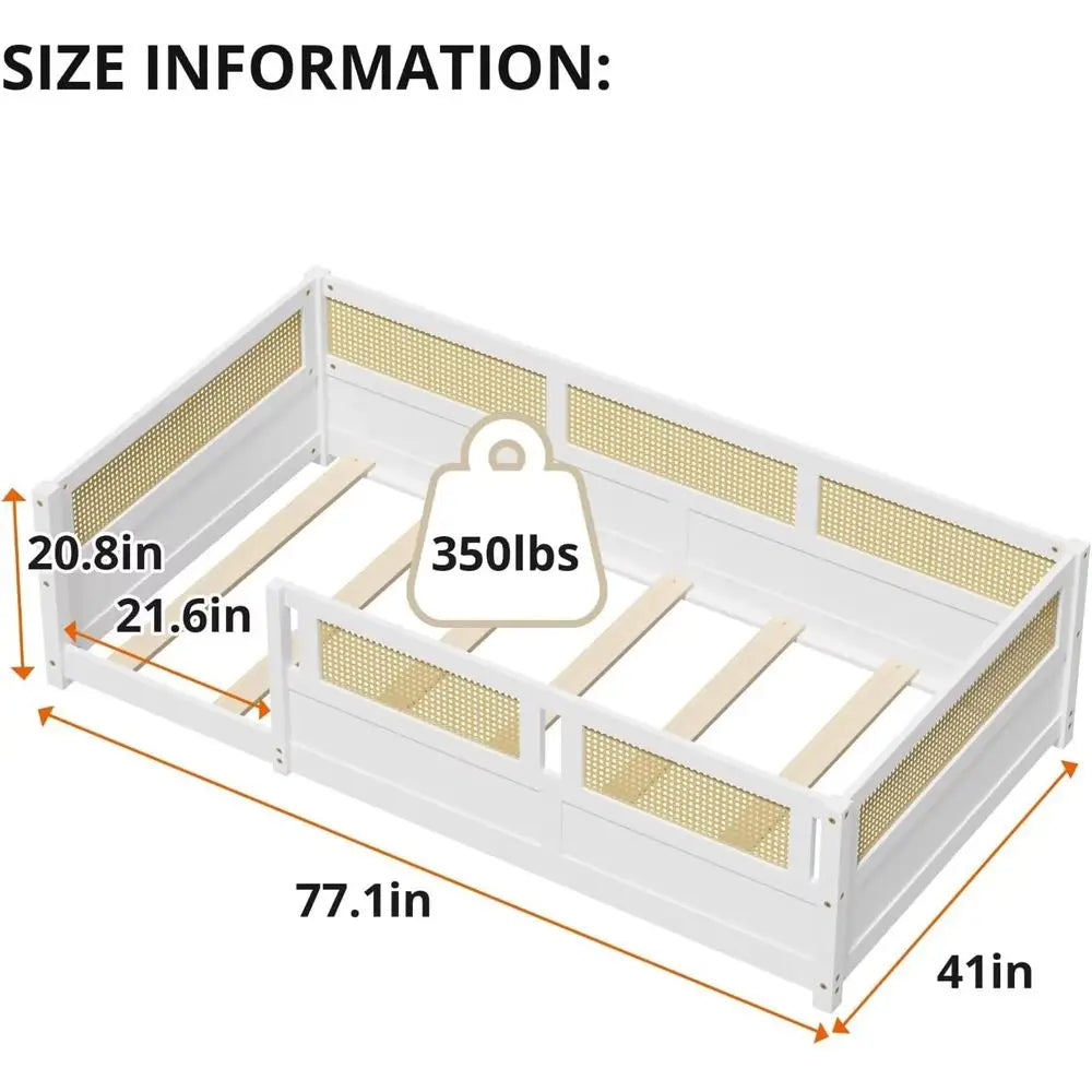 Twin Size Rattan High-End Platform Bed with Slats, Suitable for Children and Teens, White