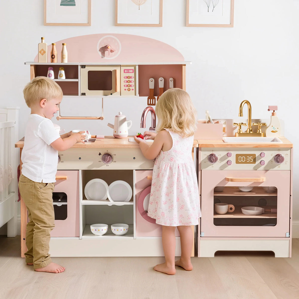 Kids Wooden Pink Play Kitchen All in 1 Corner Set Includes Oven Refrigerator Washer Perfect Birthday Gift for Little Chefs