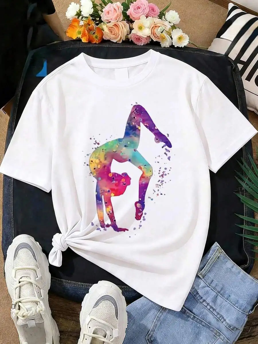 Girls' Casual Round Neck Short Sleeve Printed Yoga Dance Top, Summer New Arrival, Youthful Girl Fashion