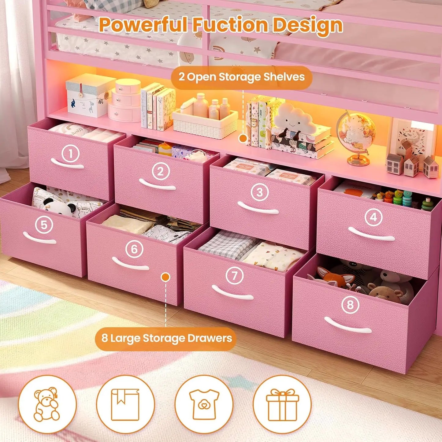 Twin Size Loft Bed for Kids, 8 Storage Drawers & LED Lights, House Shaped Metal Bed with Bookcase, Soft Foam Ladder, 13.4