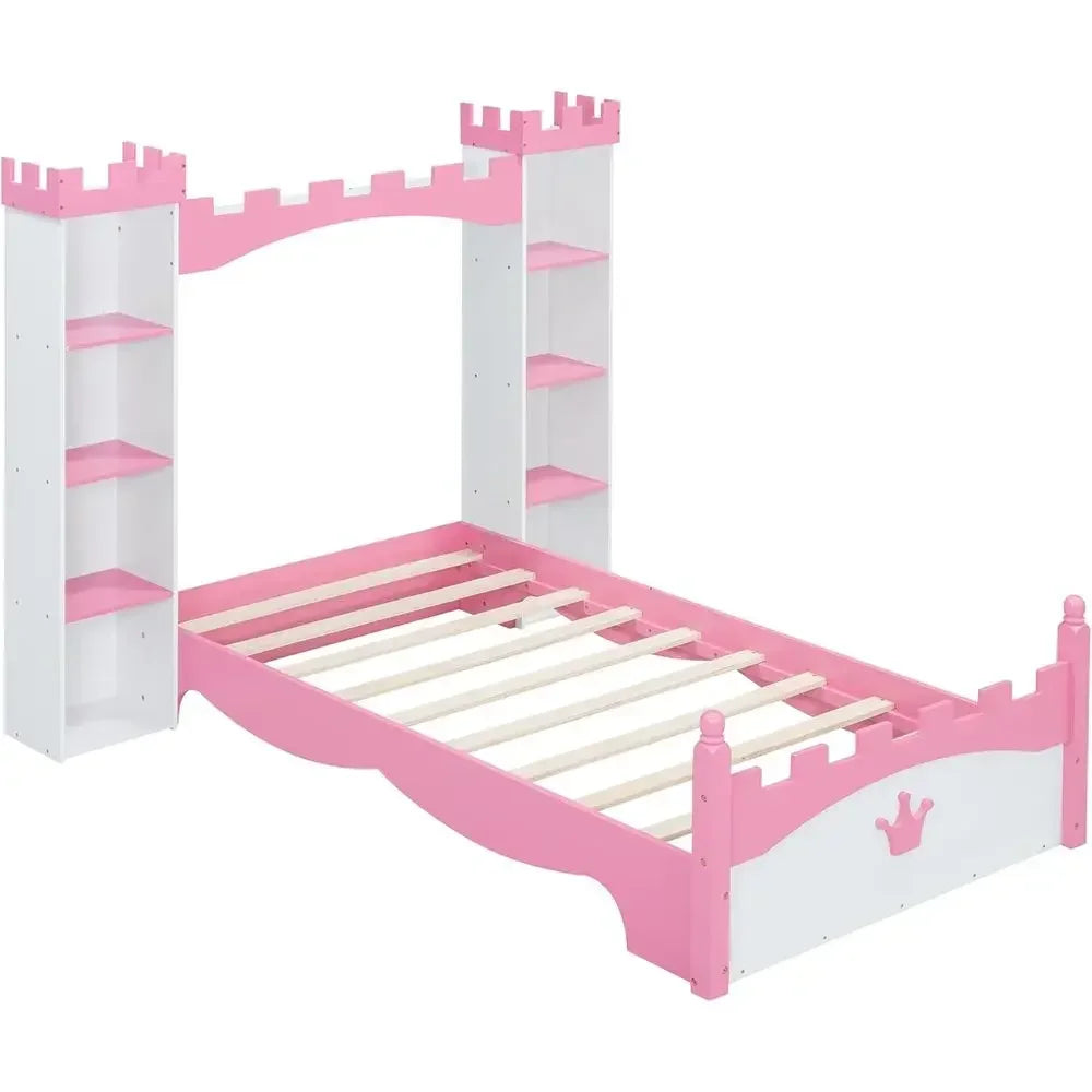 Castle-Style Storage Twin Bed for Kids, Toddlers, and Adults - Dreamy White & Pink Bedroom Furniture