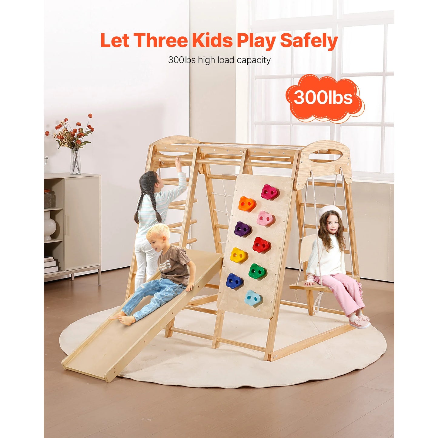 SucceBuy Indoor Jungle Gym 7-in-1 Toddler Indoor Playground with Wood and Rope Ladder Net Ladder Swing Monkey Bar Slide for Kids