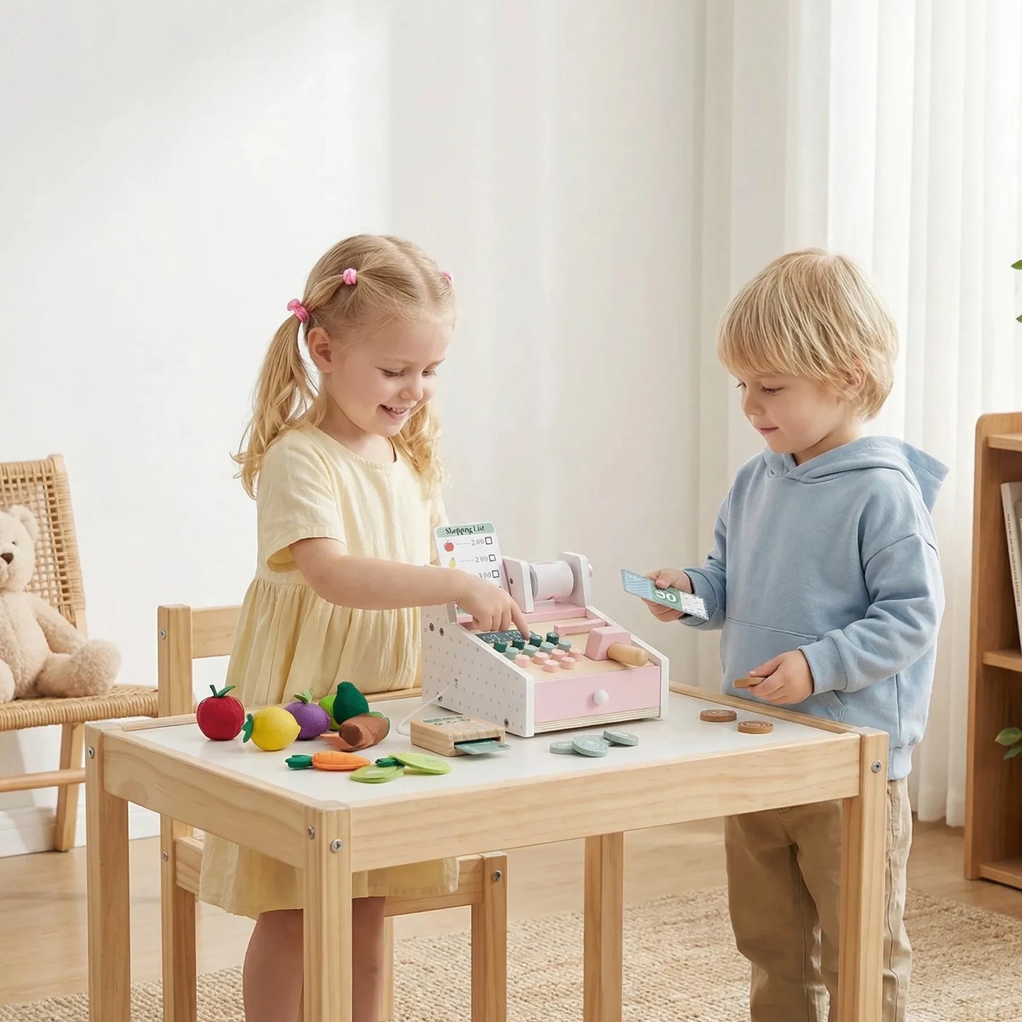 Wooden  Cash Register with Scanner Math Learning Role Play Cashier Game Set for Kids Pink Wooden Store Cash Register