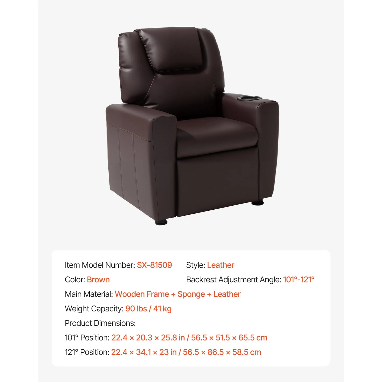 Kids Reclining Chair Toddler Recliner with Cup Holders and Pockets 107° to 126° Adjustable Backrest for Boys & Girls