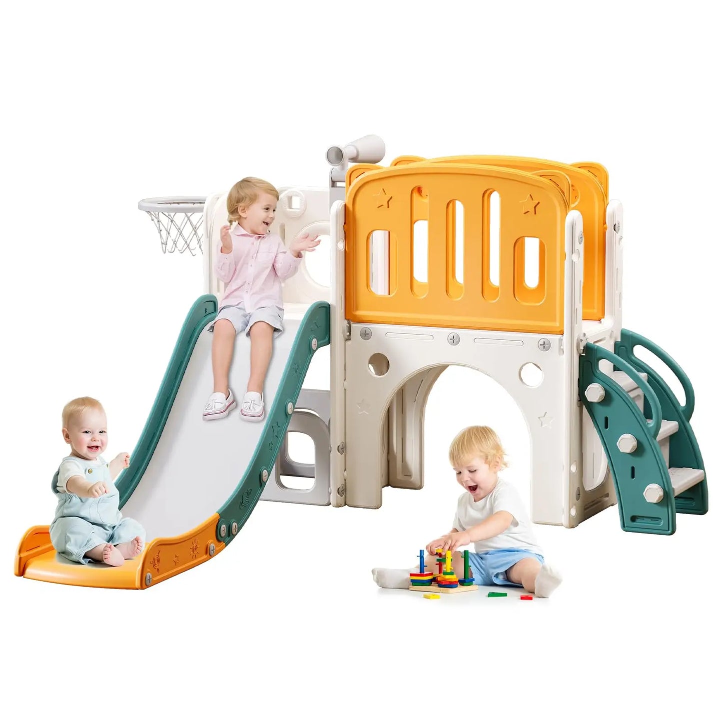 8 in 1 Toddler Slide for Toddlers Age 1-3, Extra-Long Slide with Basketball Hoop Indoor and Outdoor Baby Climber Playset Playground Freestanding Slide