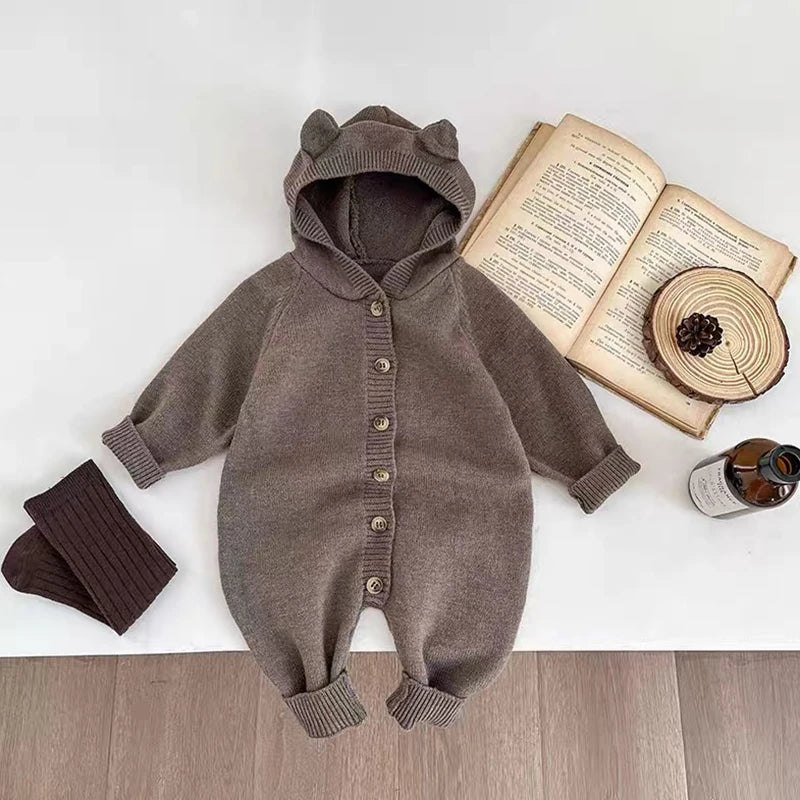 New Autumn Baby Romper Knitted Newborn Girls Jumpsuit Outfit Hooded Toddler Children Clothing Cartoon Bear Ears Knitted Clothing