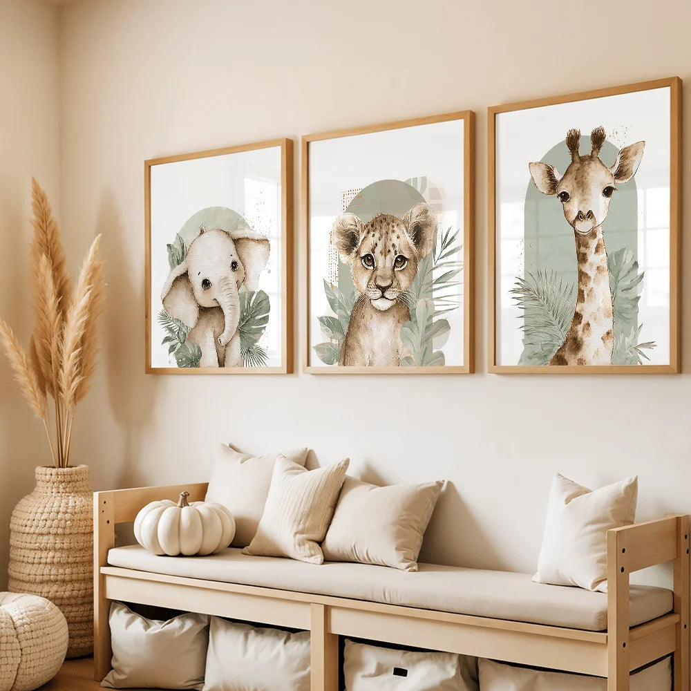 3pcs/set Retro Elephant Lion and Giraffe Animal Canvas Printing Sage Green Jungle Wall Art Poster for Modern Nursery Home Decor