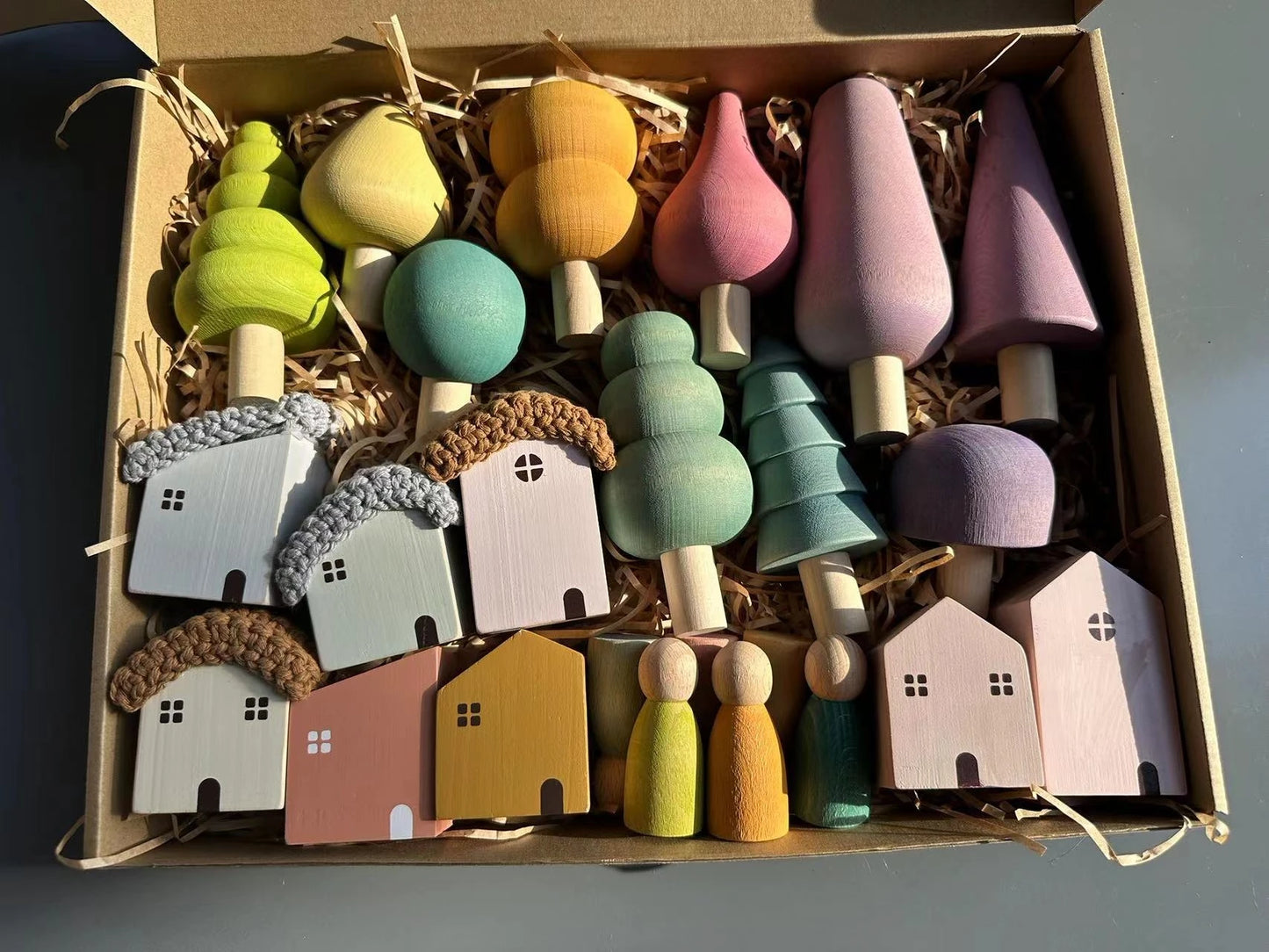 Kids Wooden Toys Pastel Building Blocks Stacking Crochet House  Animals Rainbow Forest Trees