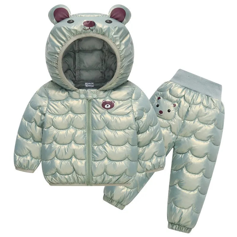 Winter Warm Girls Clothing Set New Baby Boys Cartoon Bear Hooded Waterproof Down Jacket Pants 2Pc Outfits Children Snowsuit Coat