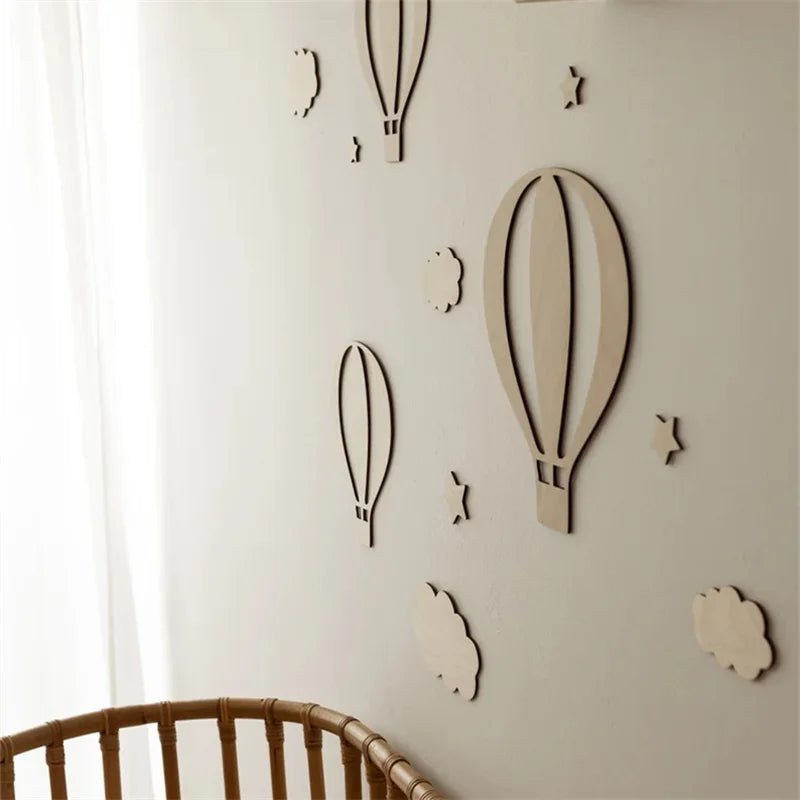 13Pcs Ins Wooden Hot Air Balloon Cloud Star Set Wall Stickers Home Decoration Background Wooden Wall Stickers Holiday Decoration Wall Crafts Cute Wooden Balloon Wall Stickers for Boys and Girls' Rooms Homestay Coffee Bar Deco