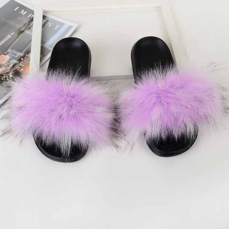 Children Slides Faux Fox Fur Slippers Kids Fluffy Raccoon Sandals Fashion Furry Home Flat Flip Flops Baby Girls Cute Plush Shoes