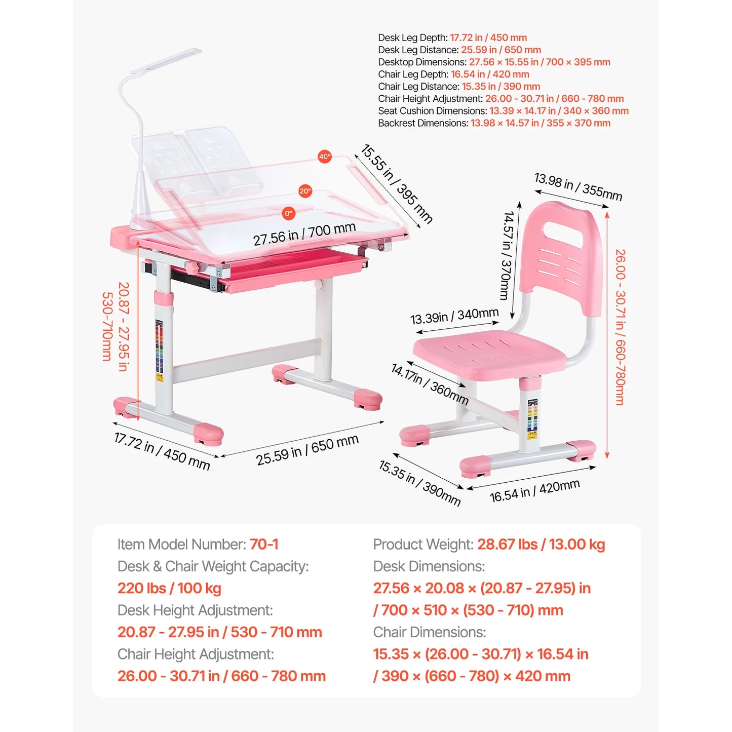 Kids Study Chair and Desk Set Study Desk and Chair for Kids with Table Lamp Adjustable Height  for Bedroom & Study Room