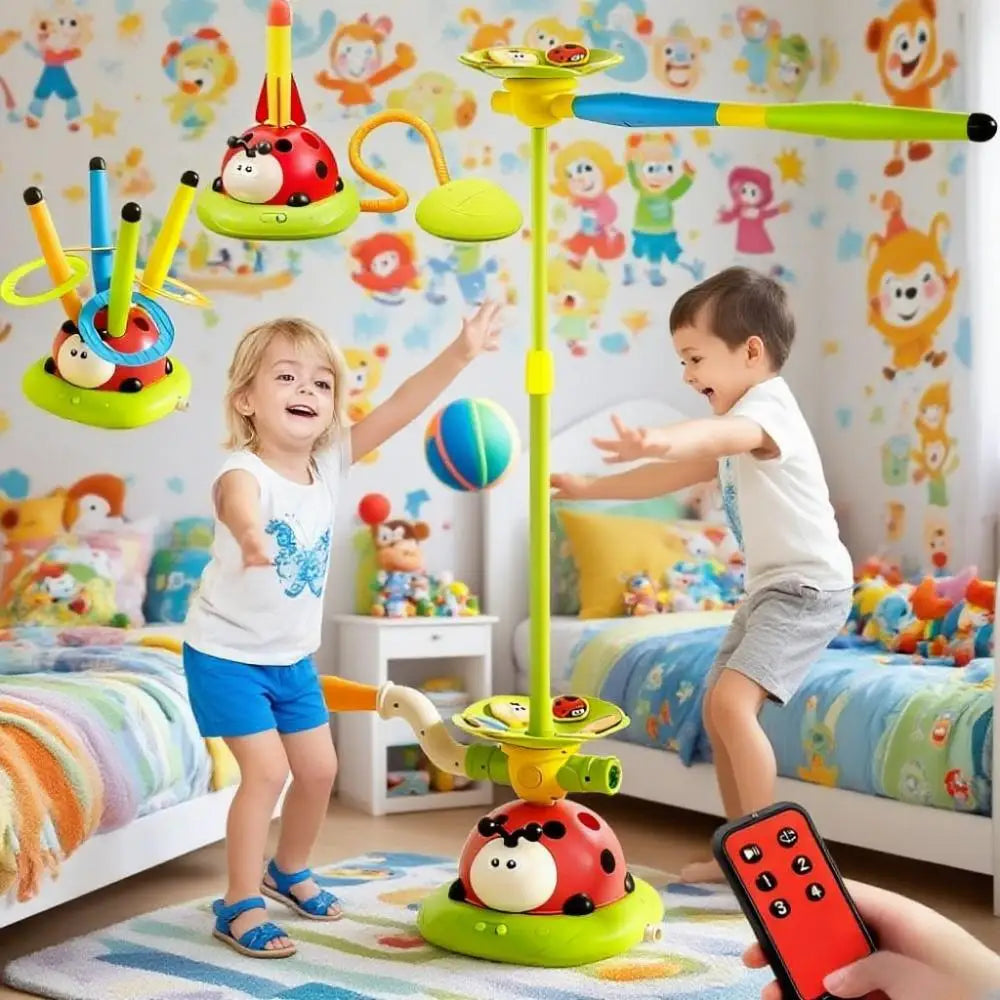 Ladybug Multifunctional Sports Educational Toy 5-in-1: Jump Rope Machine, Ring Toss, Jumping, Obstacle Avoidance, Rocket Launch Play. Children's Indoor and Outdoor Play Gift, a Must-Have for Boys and Girls' Birthdays
