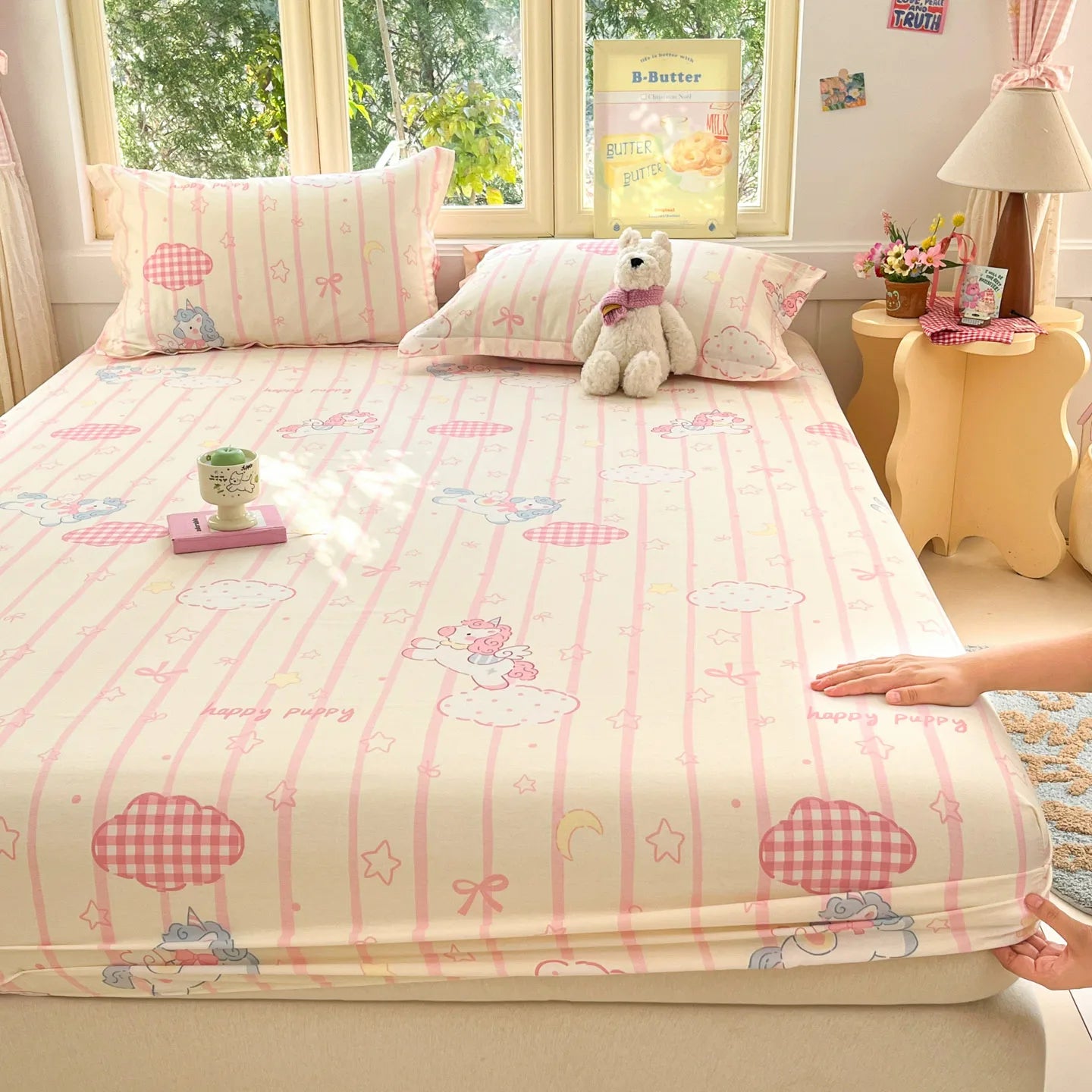 Cartoon Space Astronaut Fitted Sheet 100% Cotton Mattress Cover for Adults Kids Deep Pocket Elastic Bed Sheets and Pillowcases