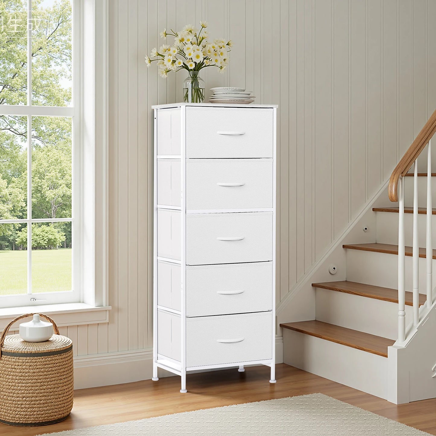 48IN Dresser For Bedroom With 5 Fabric Drawers Nightstand Wardrobe Steel Frame Closet For Clothes Storage Cabinet Furniture