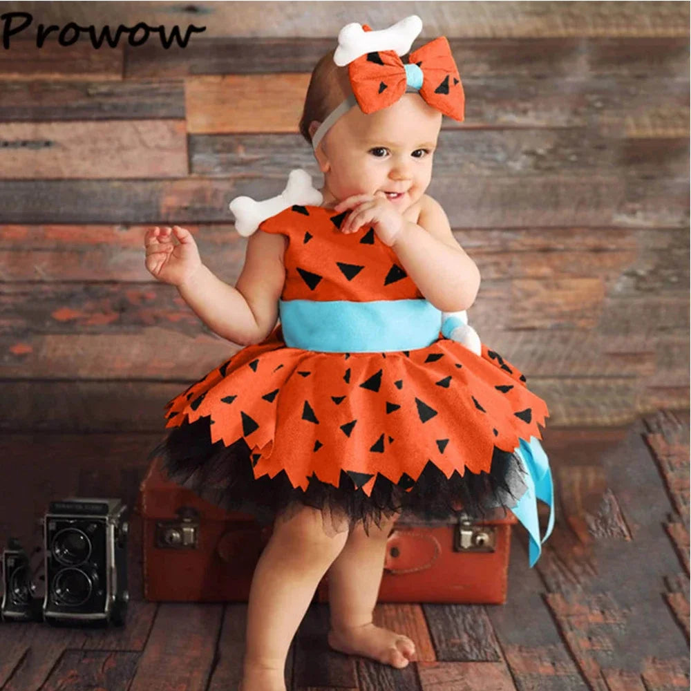 Prowow Baby Caveman Dresses One Shoulder Orange Halloween Dress For Girls Party Dress Toddler Party Halloween Costume For Baby
