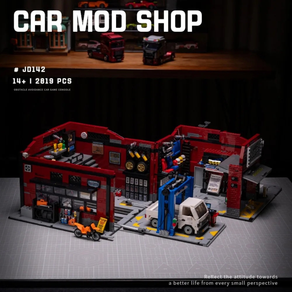2819PCS Vehicle Service Car Mod Shop Building Blocks Set Retro Garage Street View Construction Bricks Model Kit with Truck and Dog Details DIY Assembly Toys for Adults Ideal Birthday Holiday Gift Home Office Decoration Orname