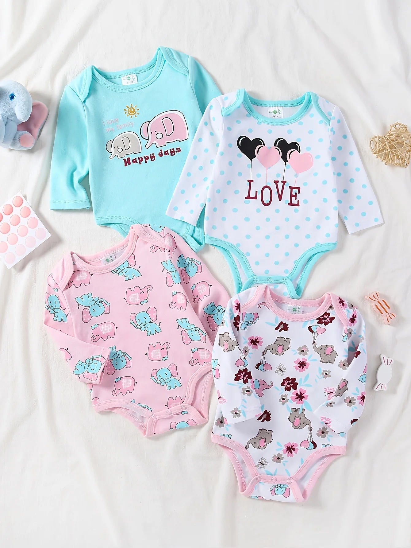 4-pc Baby Girl Long Sleeve Bodysuits, Round Neck Rompers with Cute Elephant Print, Soft Skin-Friendly Outfits for Spring And Autumn, Newborn Essentials |, for Outdoor