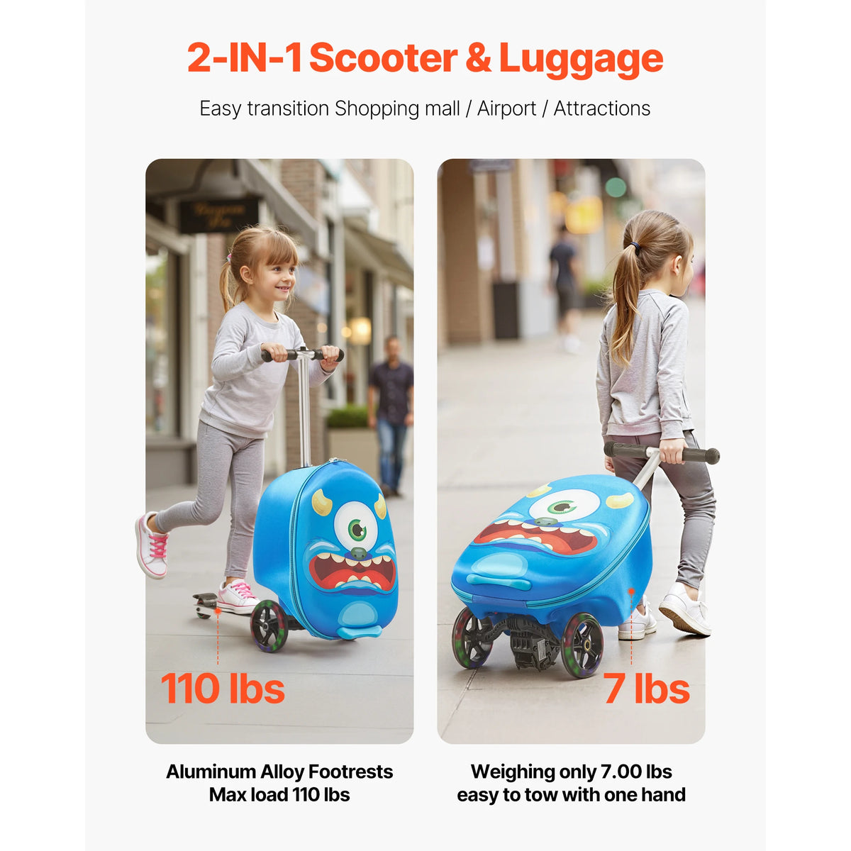 20in Ride-on Luggage 20L Kids Scooter Suitcase with Flash PU Wheels & Adjustable Handle Foldable Luggage for Children