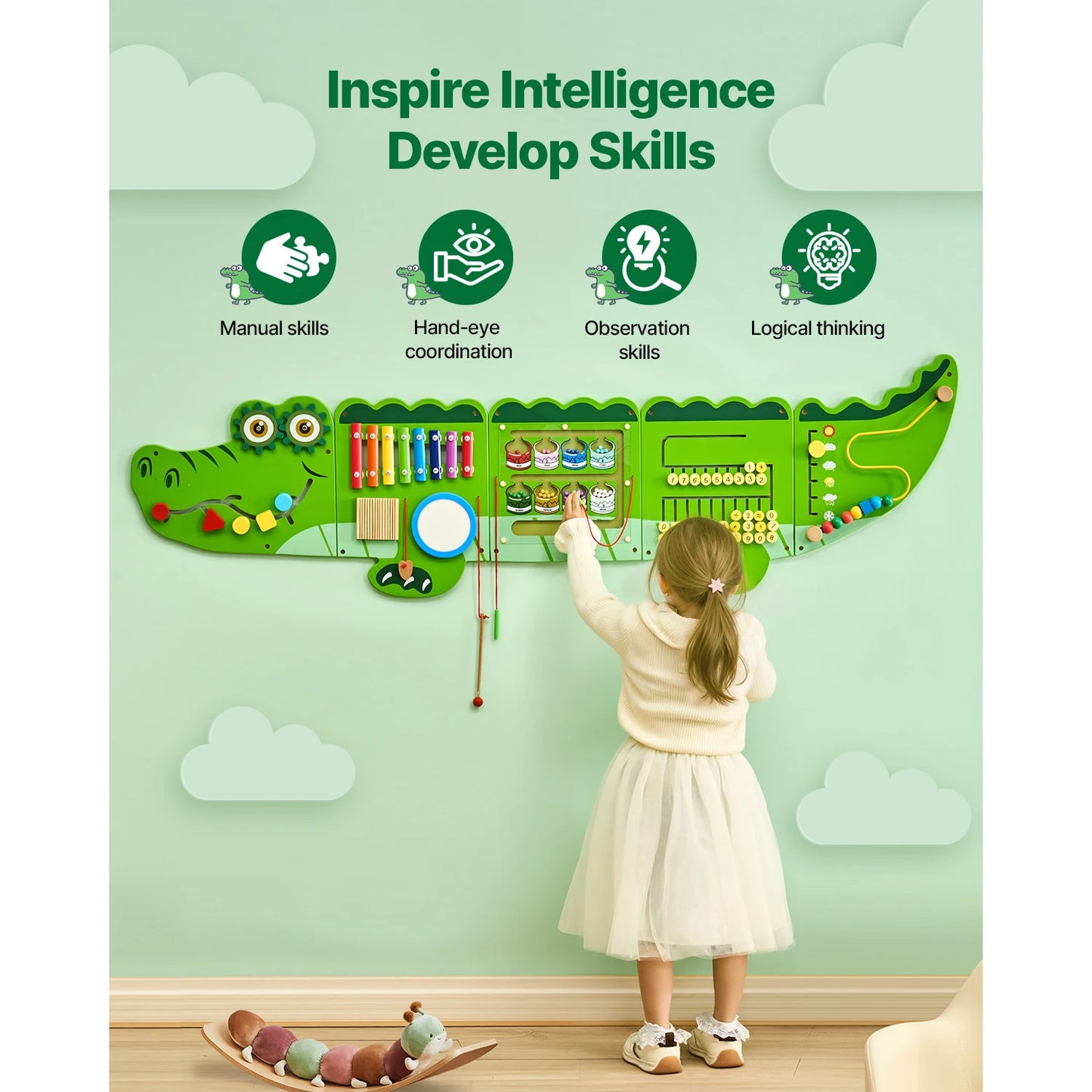 9-Activities Crocodile Kids Busy Hanging Board Toy Montessori Early Learning Puzzle Decor Panels Toys for Children Gift