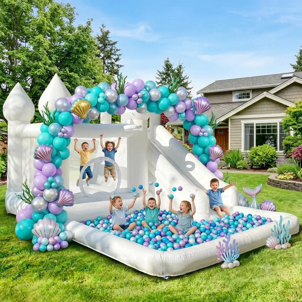 14FT Spire-Top Inflatable Bounce House White with Slide Large Ball Pit Middle Play Zone Portable Bouncy Castle for Kids Birthday/Party