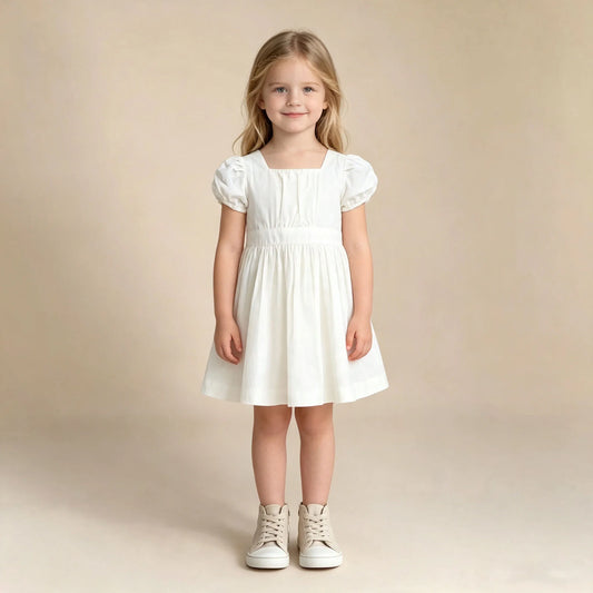 2026 New Summer Baby Girl Birthday Wedding Party Dress Short Sleeved Cotton Solid Color Dress 2-10Yrs Kids Princess Dresses