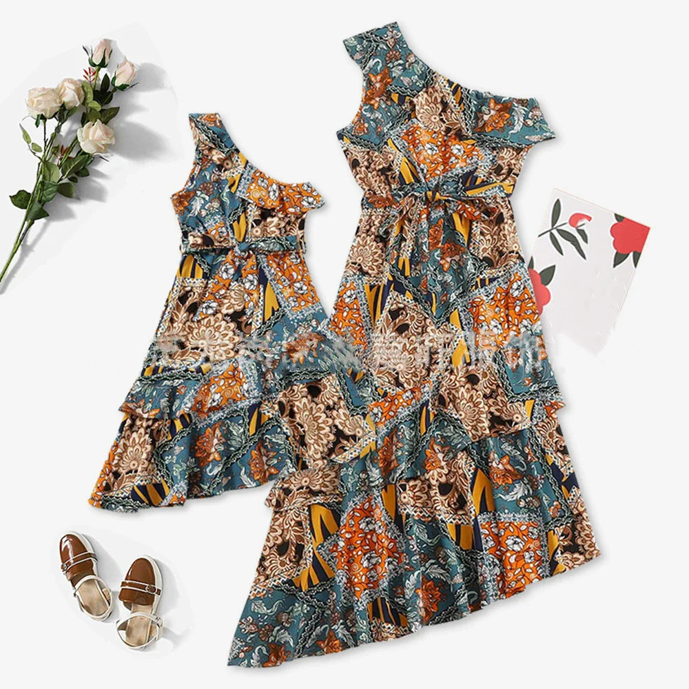 Vintage Mother Daughter Dress Vestidos Family Matching Outfits Children Dress Beach Casual Women Dresses Summer Girls Clothing