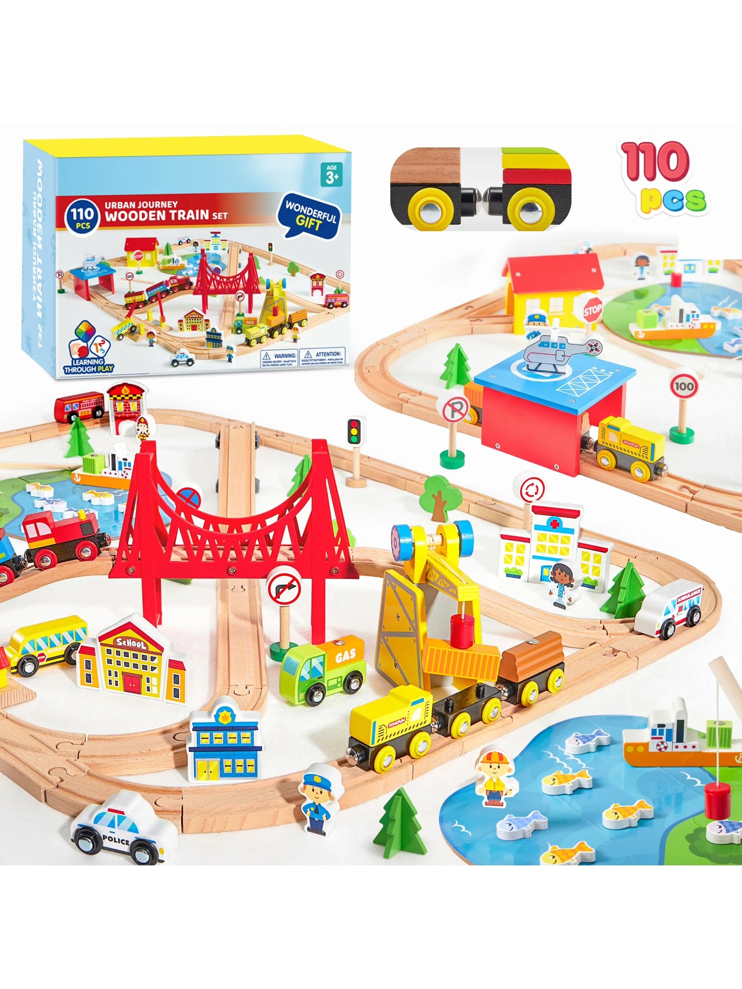 Joyfy 110/60 Pcs Wooden Train Set with Tracks City Scene Railway Set with Magnetic Trains Toy for kids Birthday Christmas Gift