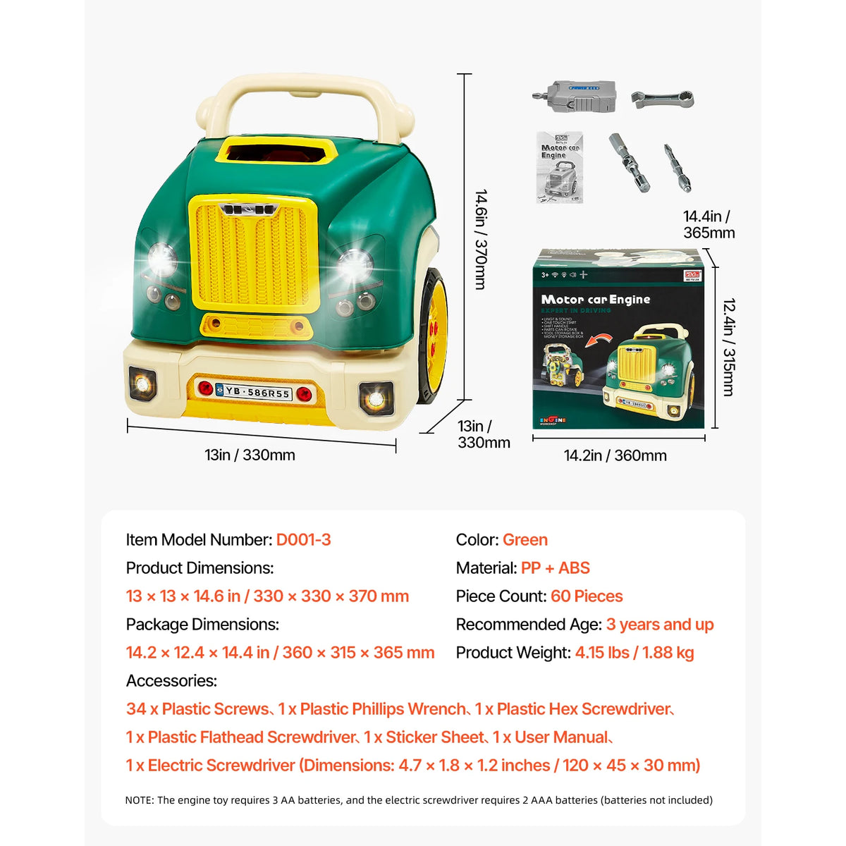 60 Pcs Kids Mechanic Car Repair Set with Removable Parts & Horn Workshop Set Engine Toy for Toddler Children Gift