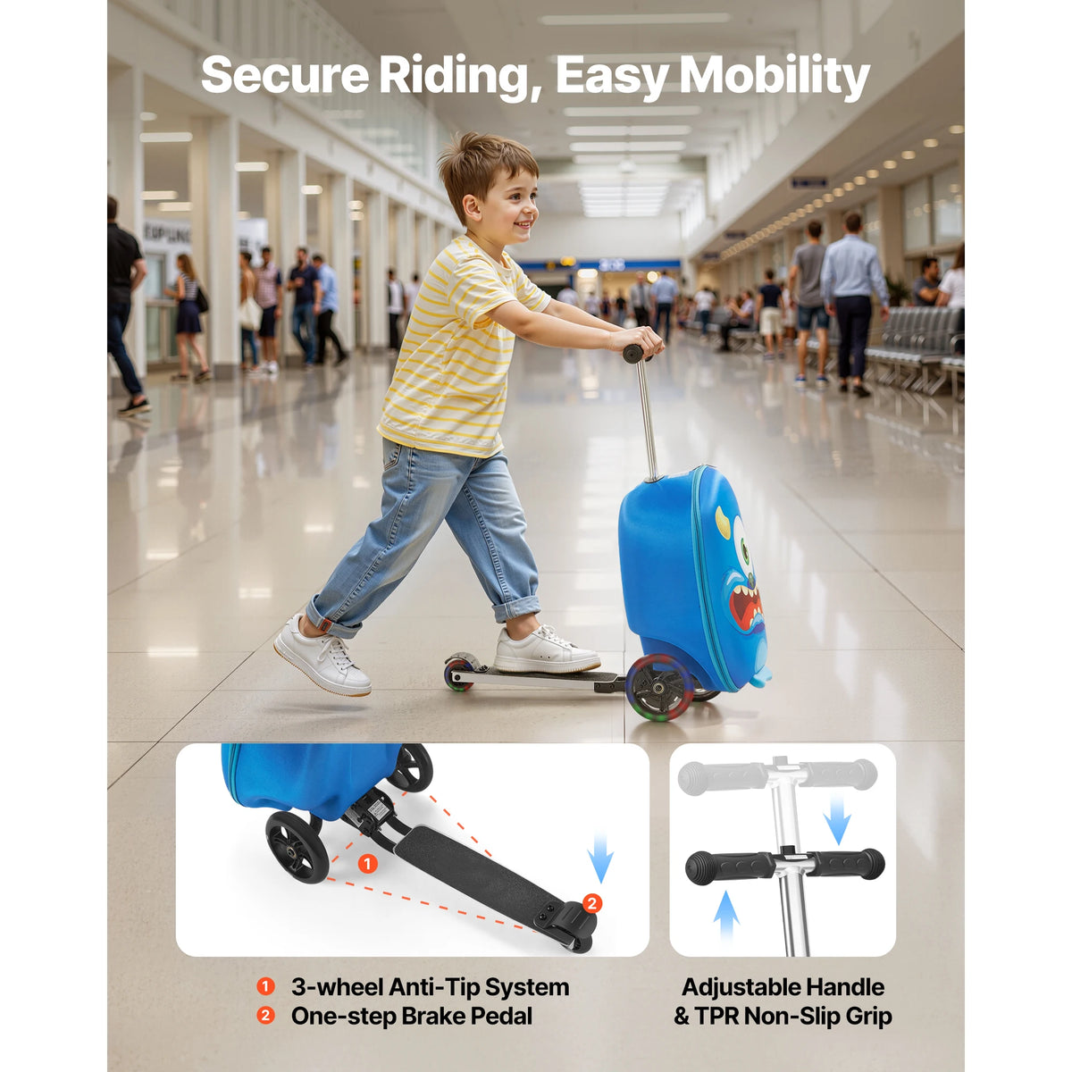 20in Ride-on Luggage 20L Kids Scooter Suitcase with Flash PU Wheels & Adjustable Handle Foldable Luggage for Children