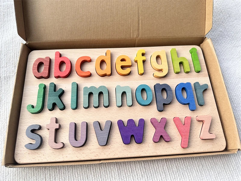 Montessori Wooden Tray  Rainbow Alphabet Puzzle Pastel ABC Learn Letters Educational Board for Kids