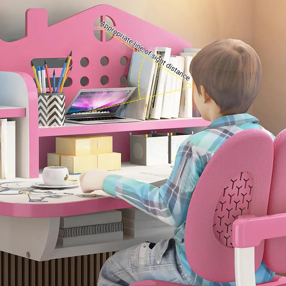 2Pcs/Set Study Desk Chair Set Cartoon Pattern Kids Adjustable Height Study Drawer Table with Chair Set