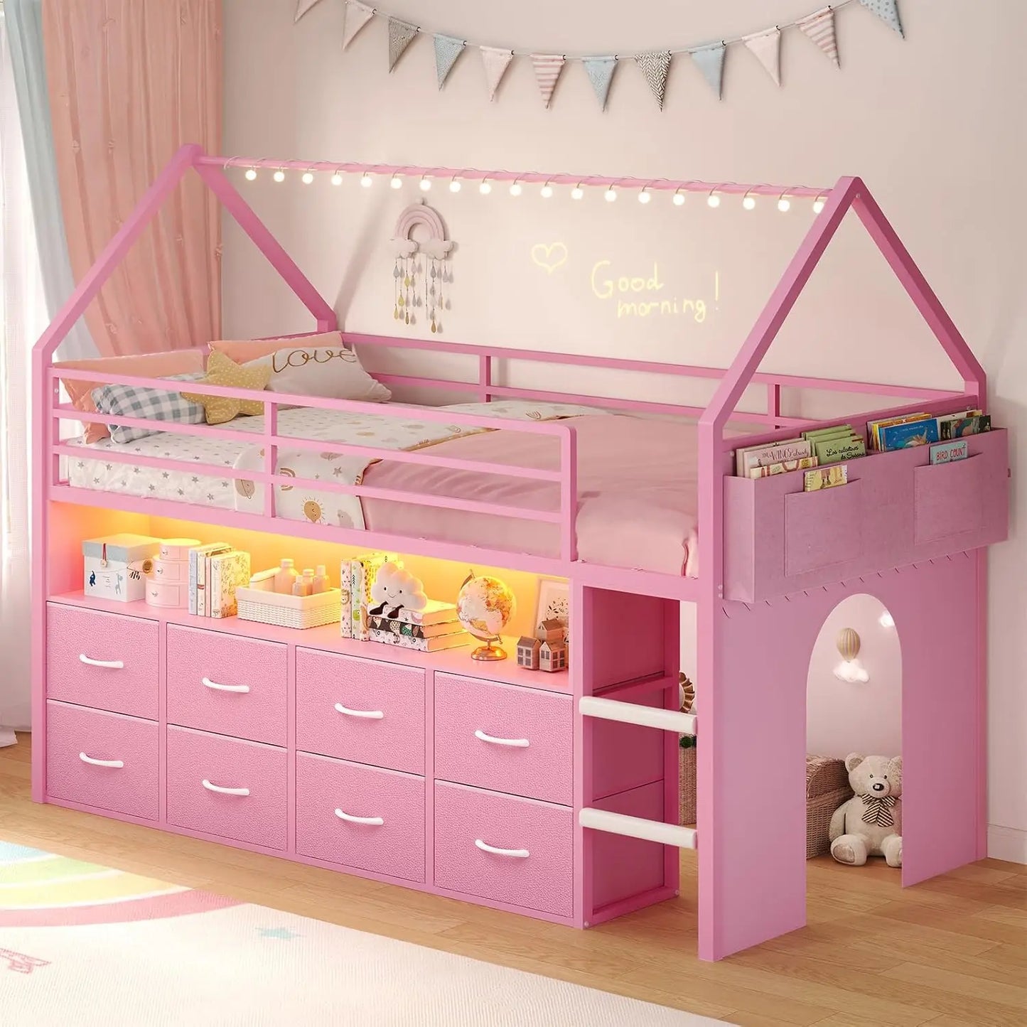 Twin Size Loft Bed for Kids, 8 Storage Drawers & LED Lights, House Shaped Metal Bed with Bookcase, Soft Foam Ladder, 13.4