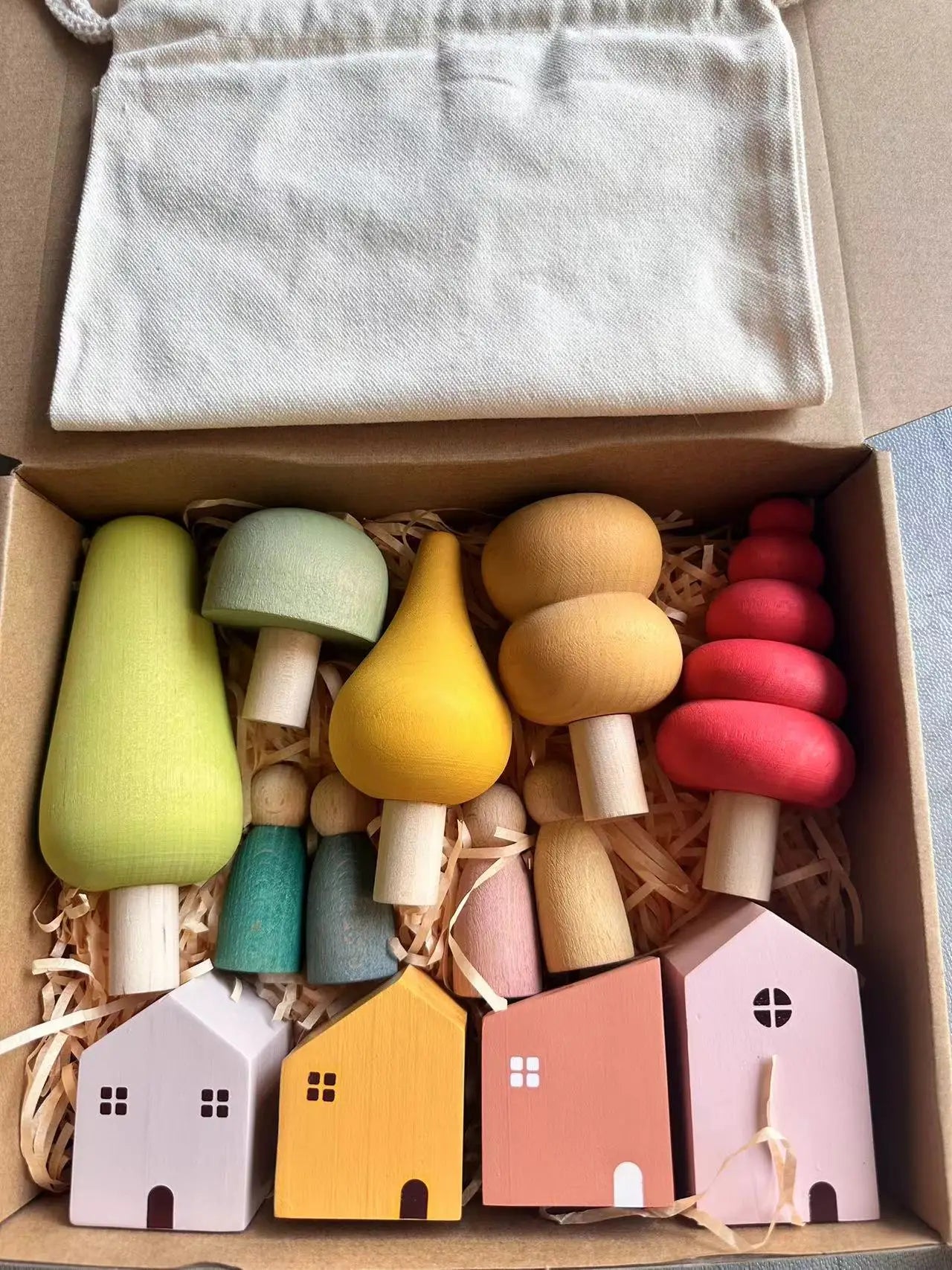 Kids Wooden Toys Pastel Building Blocks Stacking Crochet House  Animals Rainbow Forest Trees