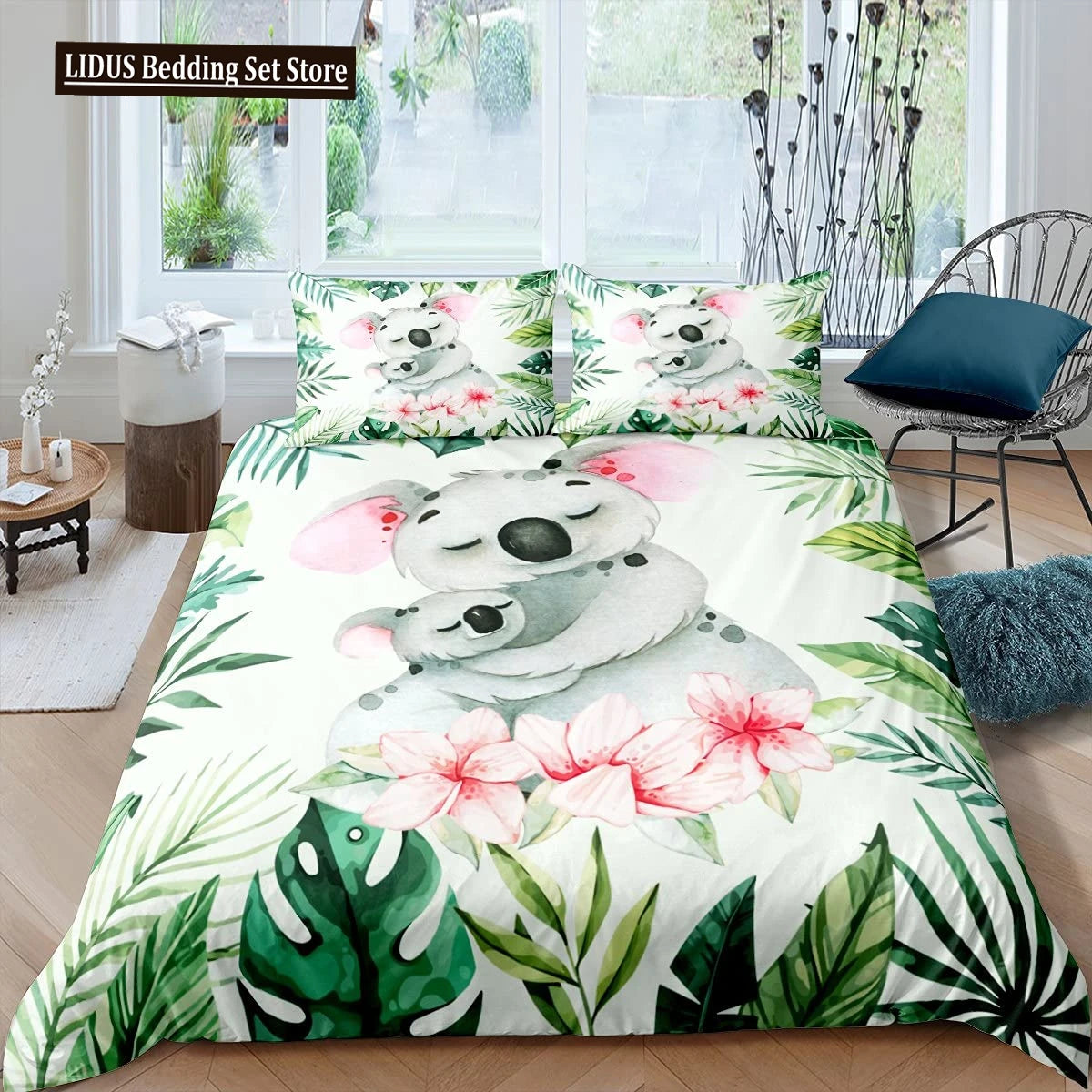 Koala Duvet Cover Set Children Cute Animal Print Bedding Set,Boys Girls Rainbow Butterfly Comforter Cover Floral Flowers Bed Set