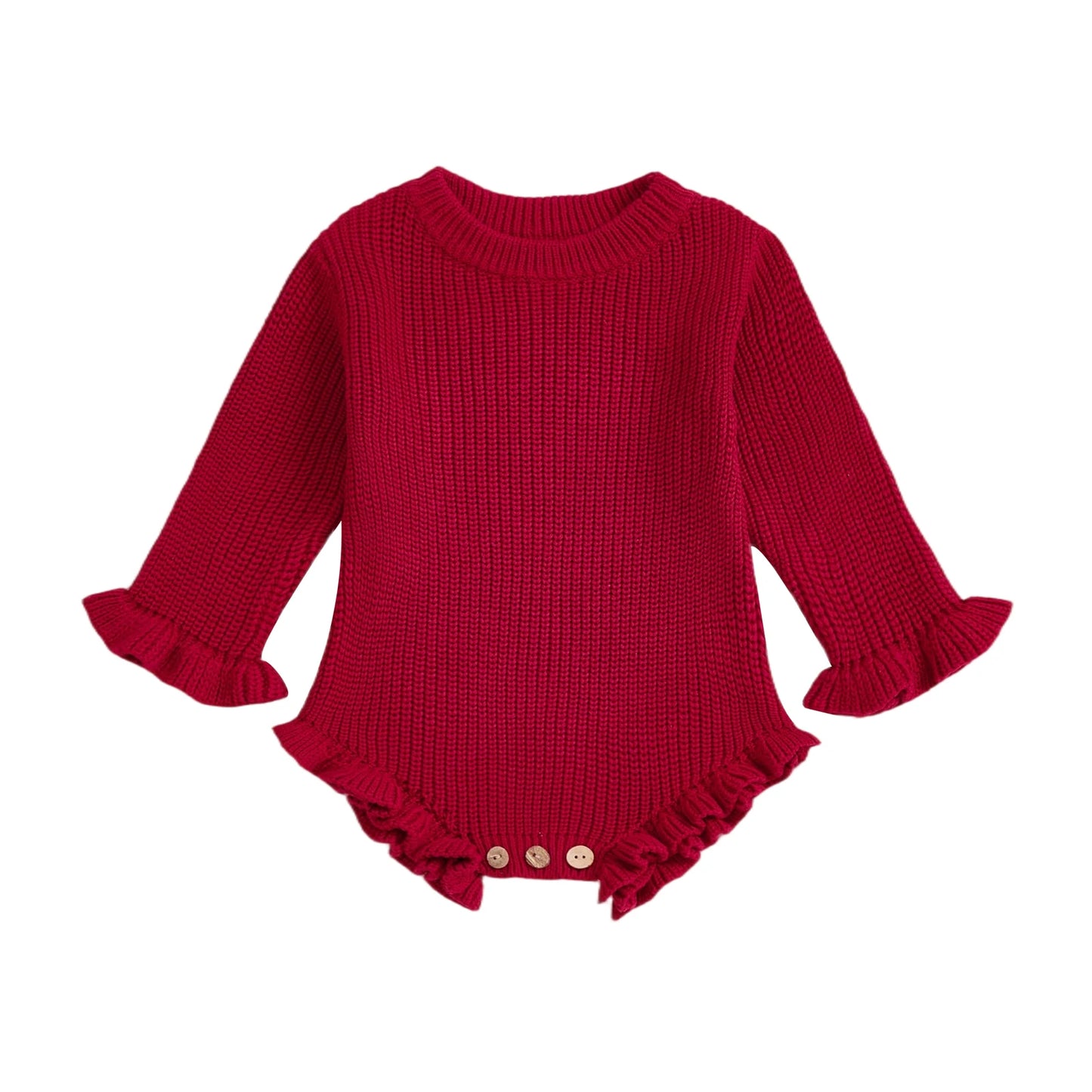 Suefunskry Newborn Baby Fall Winter Knitted Sweater Romper Solid Color Long Sleeve Round Neck Ruffled Sweater Jumpsuit