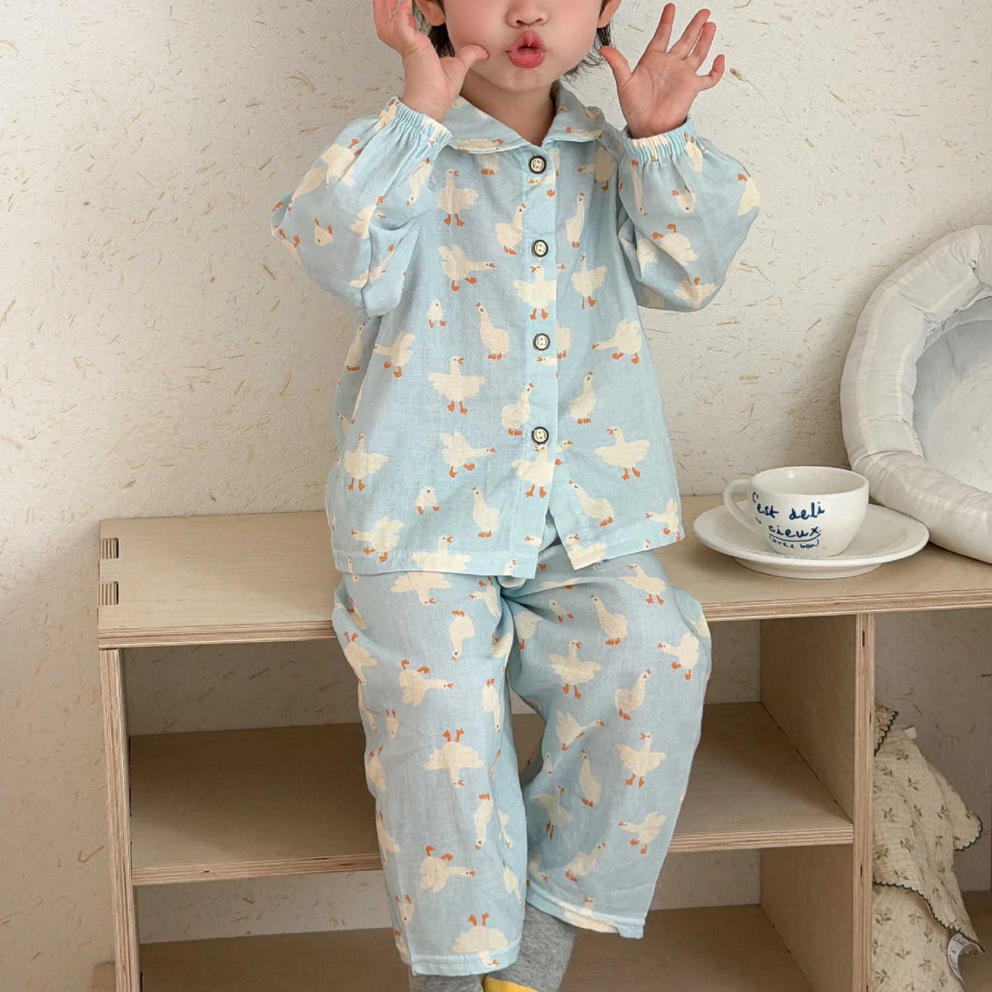 Boys Girls Cute Cartoon Print Pajamas Homewear Long Sleeve Lapel Sleepwear Kids Spring Summer Casual Clothing Sets Pyjamas