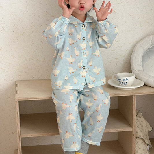 Boys Girls Cute Cartoon Print Pajamas Homewear Long Sleeve Lapel Sleepwear Kids Spring Summer Casual Clothing Sets Pyjamas