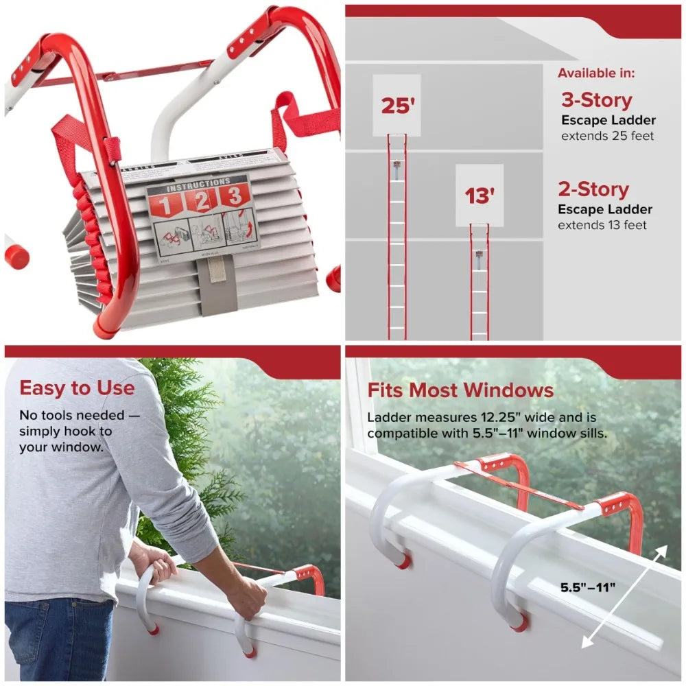 Fire Escape Ladder 13 Feet Extendable with 2 Ropes Non-Slip Steps for Home Safety