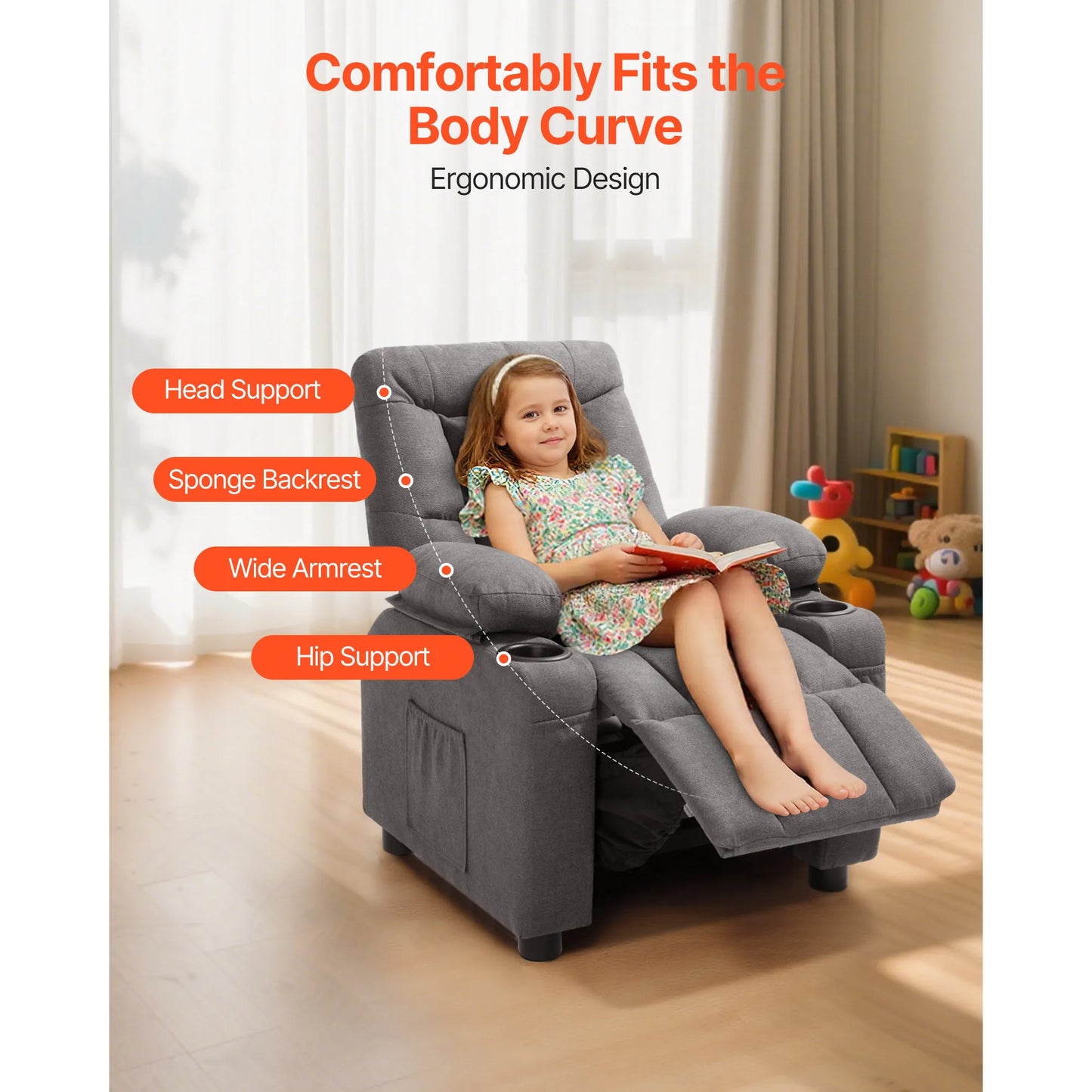 Kids Reclining Chair Toddler Recliner with Cup Holders and Pockets 107° to 126° Adjustable Backrest for Boys & Girls