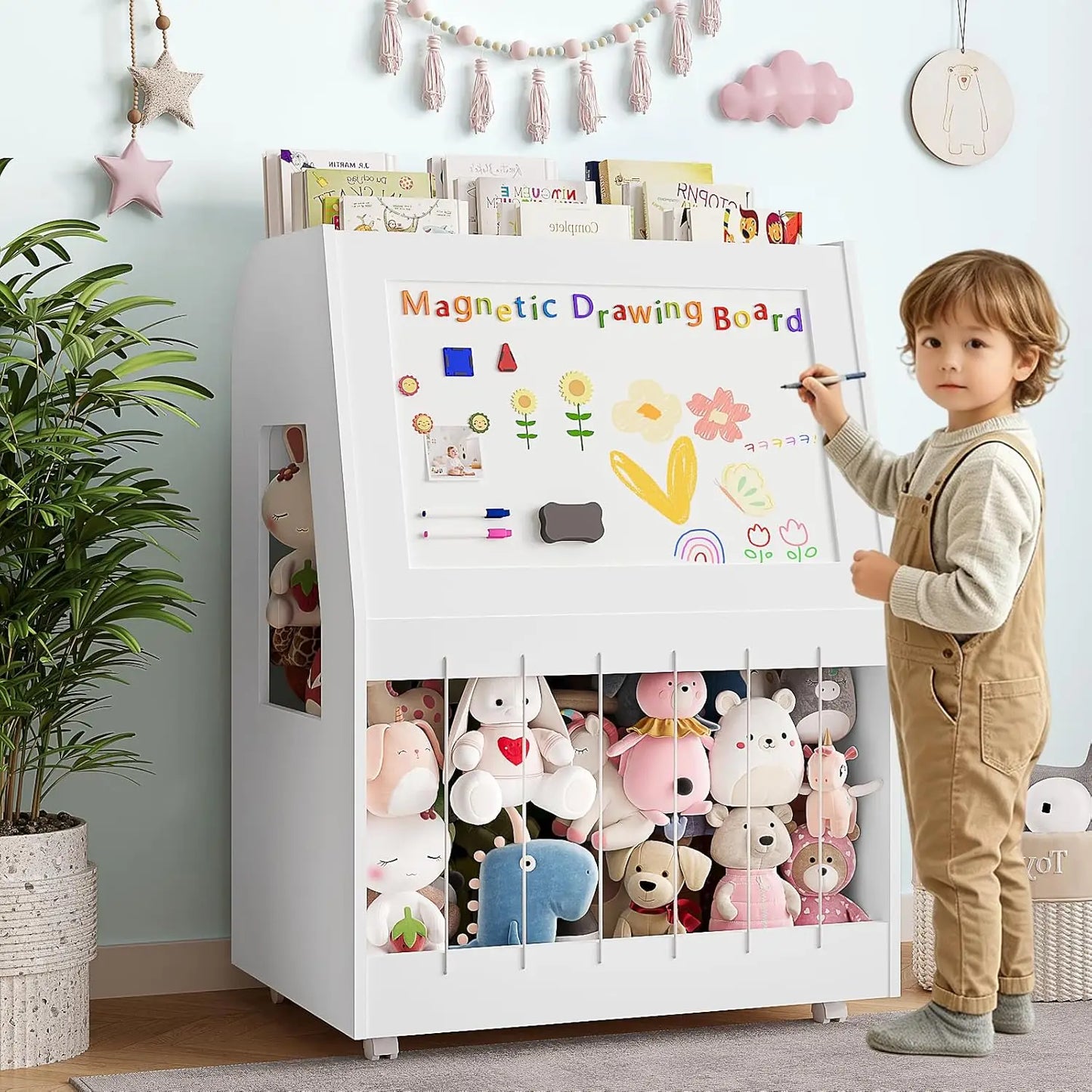 Kids Bookshelf, 3 Tier Montessori Bookcase with Magnetic Drawing Board & Stuffed Animal Storage, Toddler Toy Storage Box with 360° Rolling Wheels for Girls Boys Bedroom/Playroom/Living Room