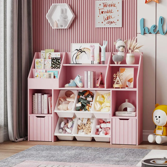 Wooden Kids Bookcase Toy Storage Organizer 2 Drawers 6 Baskets Anti-Tip Children Room Shelf Customized