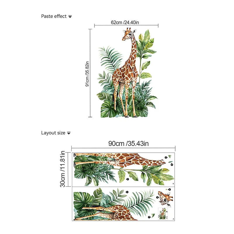 Contemporary Giraffe & Greenery Wall Decal - Self-Adhesive, Multi-Surface Home Decor for Bedroom, Living Room, Entryway