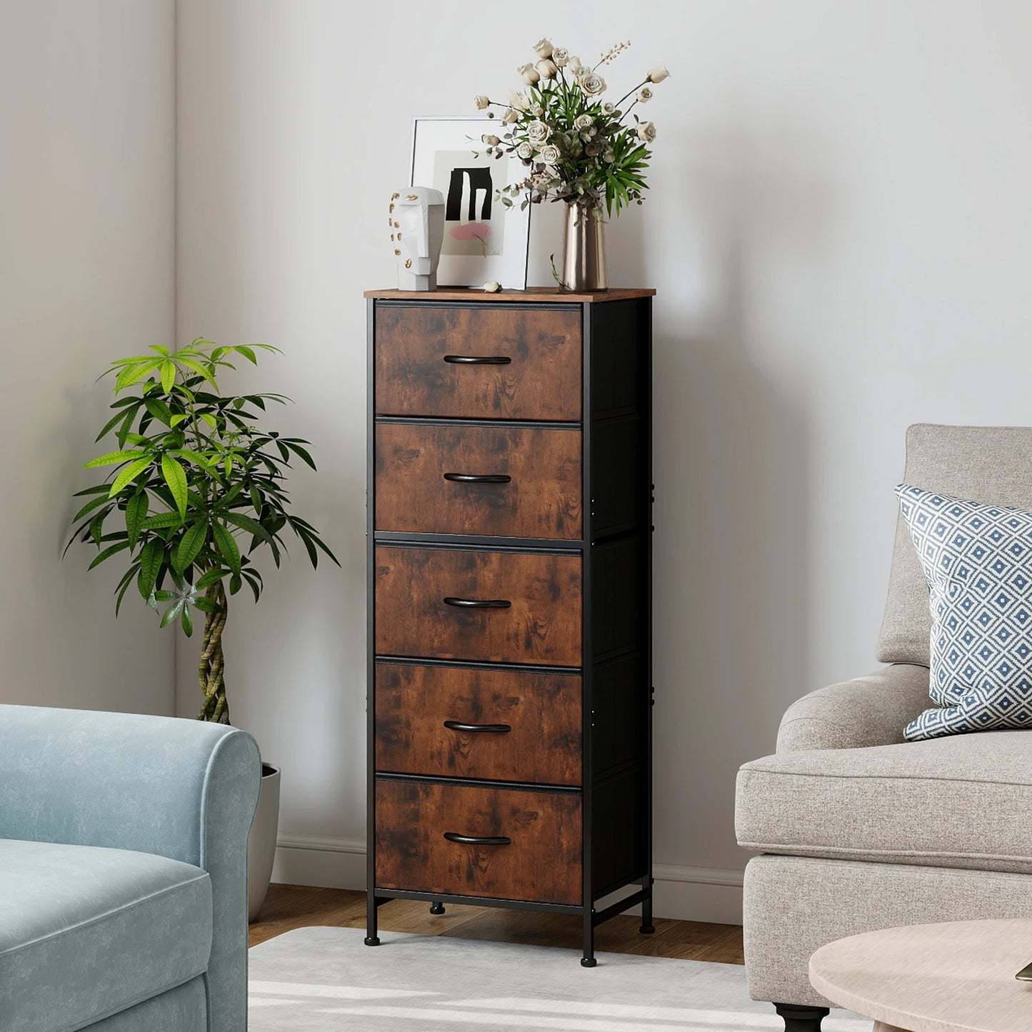 48IN Dresser For Bedroom With 5 Fabric Drawers Nightstand Wardrobe Steel Frame Closet For Clothes Storage Cabinet Furniture